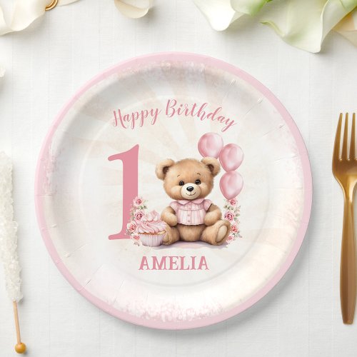 1st Birthday Teddy Bear Pink Balloons Paper Plates