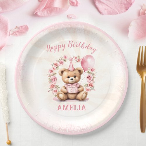 1st Birthday Teddy Bear Pink Roses Paper Plates