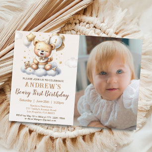 1st Birthday Teddy Bear with Brown Balloons Invitation