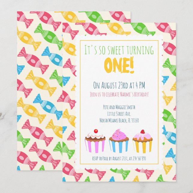 1st birthday three cupcakes baby girl party invitation (Front/Back)