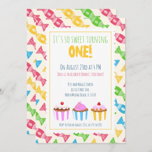 1st birthday three cupcakes baby girl party invitation