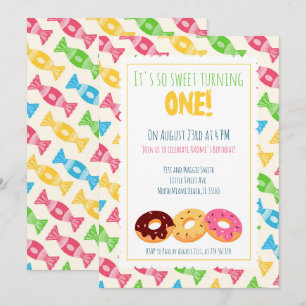 1st birthday three donuts baby girl party  invitation
