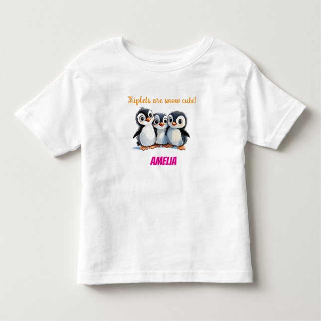 1st Birthday Triplets Gift, Penguins, Custom Toddler T-shirt (Front)