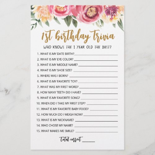 1st Birthday Trivia editable game