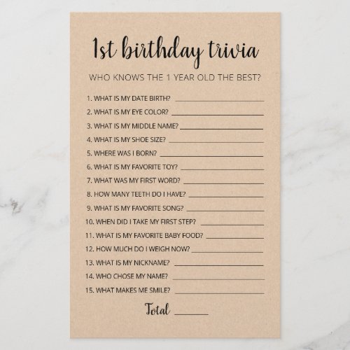 1st Birthday Trivia editable game