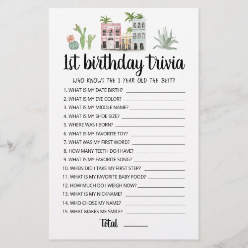 1st Birthday Trivia editable game