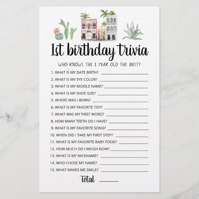 1st Birthday Trivia editable game (Front)