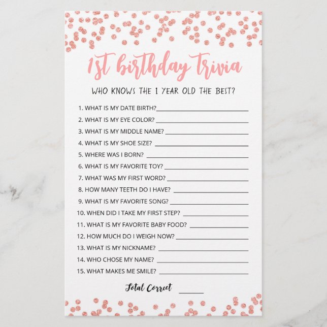 1st Birthday Trivia editable game (Front)