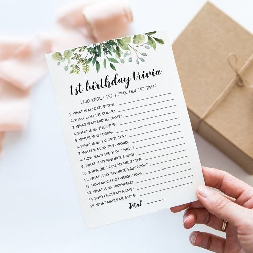 1st Birthday Trivia editable game Card