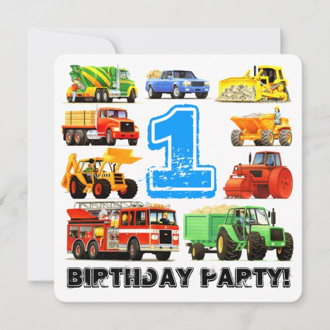1st Birthday Truck Party Invitation (Front)