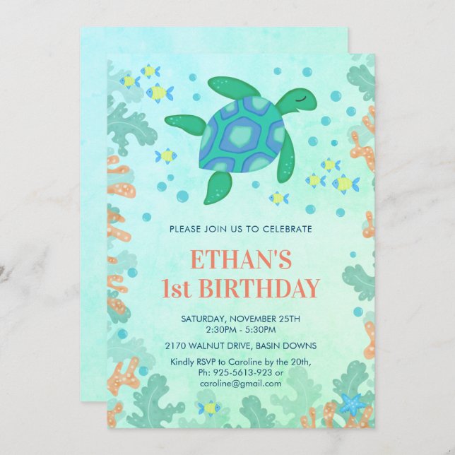 1st Birthday Turtle Under The Sea Party Invitation (Front/Back)