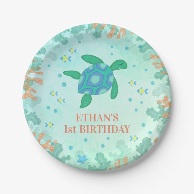 1st Birthday Turtle Under The Sea Party Paper Plates (Front)