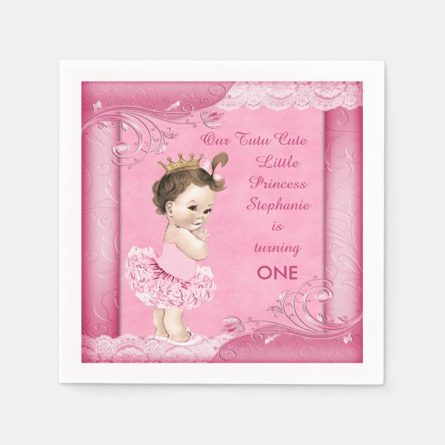 1st Birthday Tutu Cute Brunette Princess Faux Lace Paper Napkins (Front)