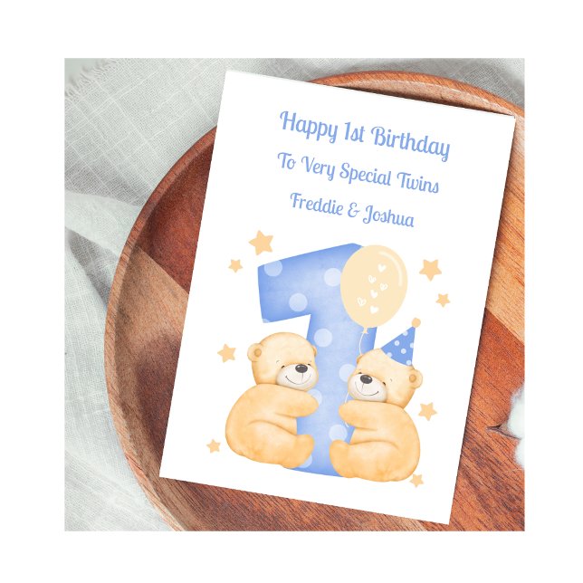 1st Birthday Twin Boys Teddy Bear Birthday Card (Creator Uploaded)