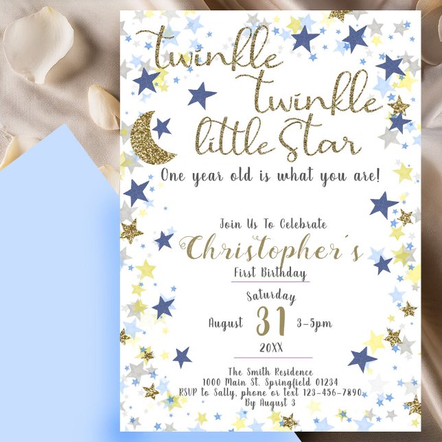1st Birthday Twinkle Little Star Gold Boy Invitation (Creator Uploaded)