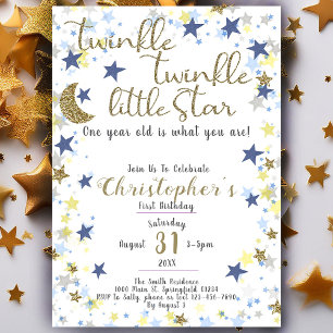1st Birthday Twinkle Little Star Gold Boy Invitation