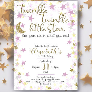 1st Birthday Twinkle Little Star Gold Girl Invitation