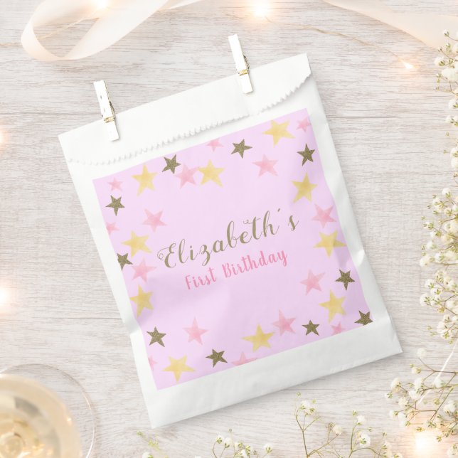 1st Birthday Twinkle Little Star Pink Girl  Favor Bag (Clipped)