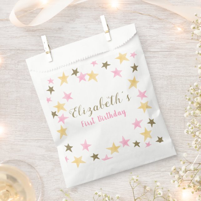 1st Birthday Twinkle Little Star Pink Gold Girl  Favor Bag (Clipped)