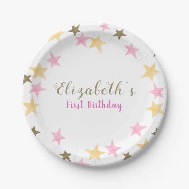 1st Birthday Twinkle Little Star Pink Gold Girl  Paper Plates (Front)