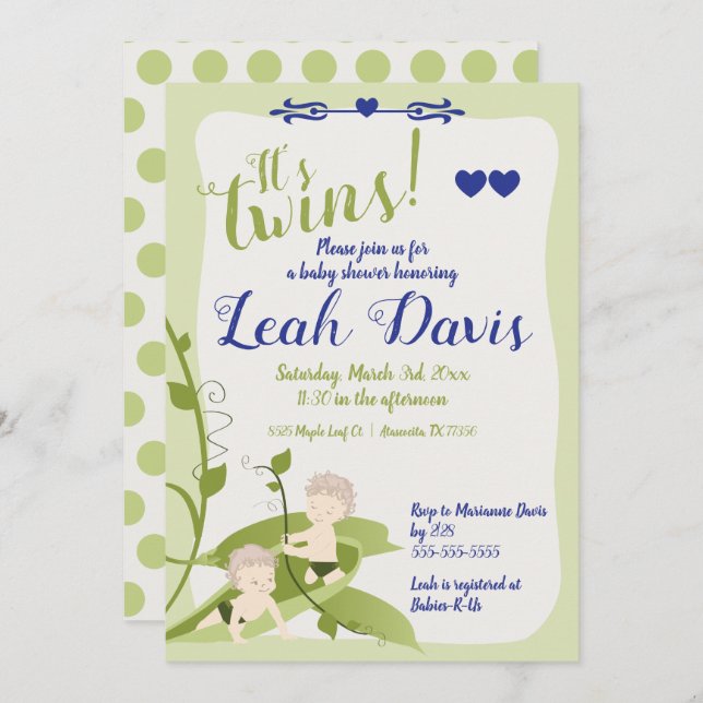 1st Birthday, Twins Baby Shower Sweet Peas Boy Invitation (Front/Back)