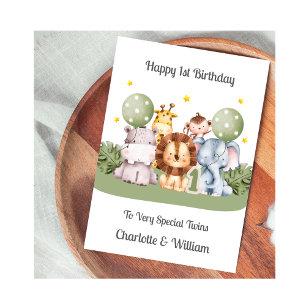 1st Birthday Twins Safari Leaf Animals Card