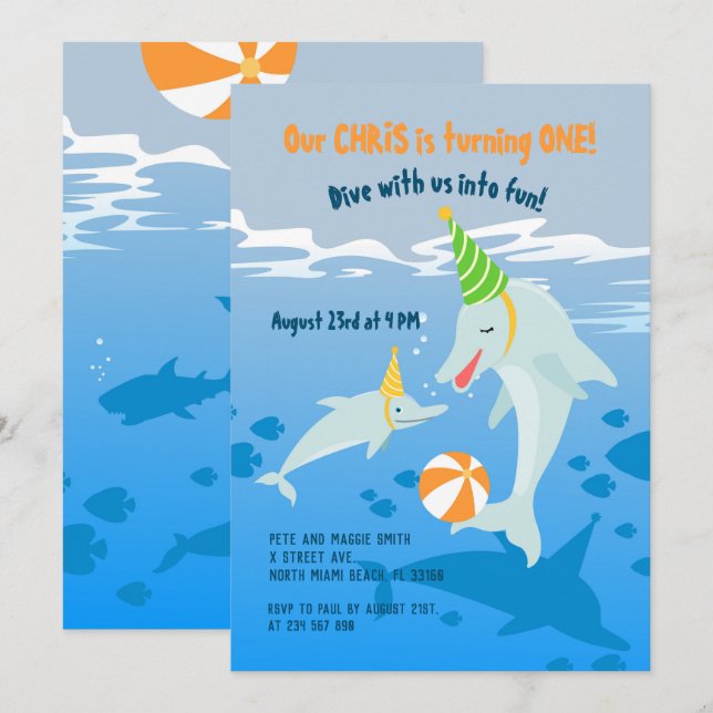1st birthday under the sea dolphins boy party  invitation (Front/Back)