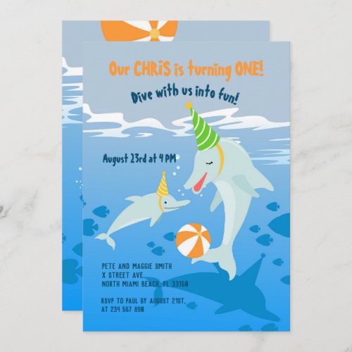 1st birthday under the sea dolphins boy party  invitation