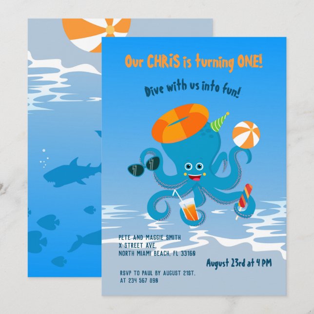 1st birthday under the sea octopus boy party invitation (Front/Back)