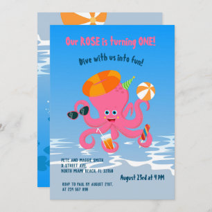 1st birthday under the sea octopus girl party invitation
