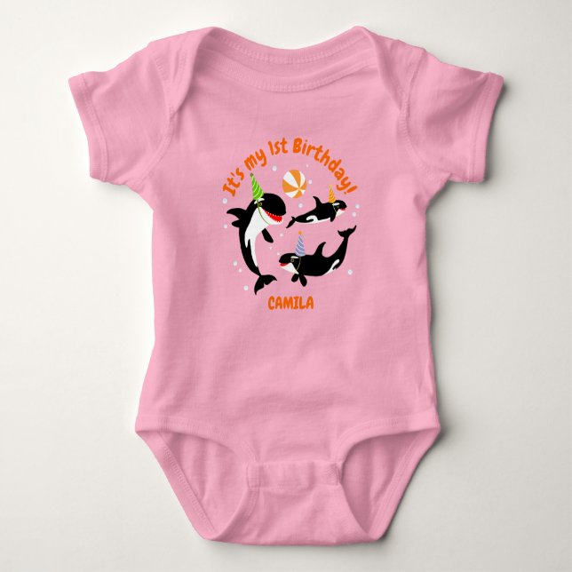 1st birthday under the sea orca whale baby girl baby bodysuit (Front)