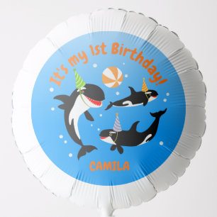 1st birthday under the sea orca whale baby girl balloon