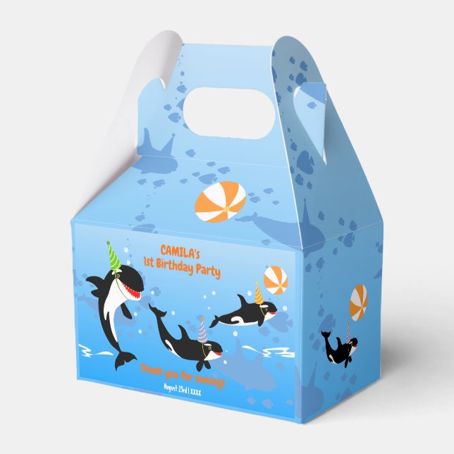 1st birthday under the sea orca whale baby girl favor boxes (Front Side)