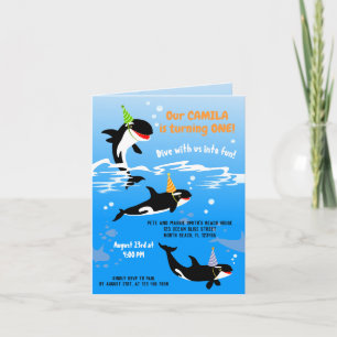 1st birthday under the sea orca whale baby girl invitation