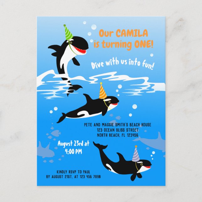 1st birthday under the sea orca whale baby girl invitation postcard (Front)