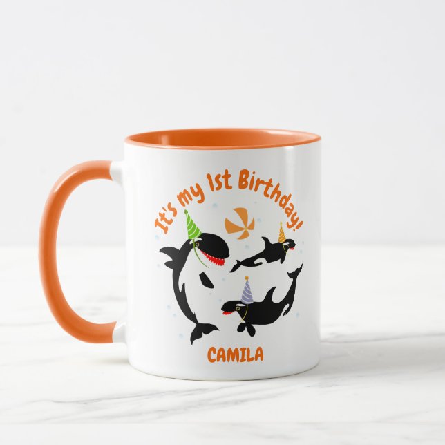 1st birthday under the sea orca whale baby girl mug (Left)