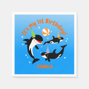 1st birthday under the sea orca whale baby girl napkins
