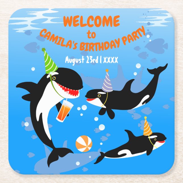 1st birthday under the sea orca whale baby girl square paper coaster (Front)