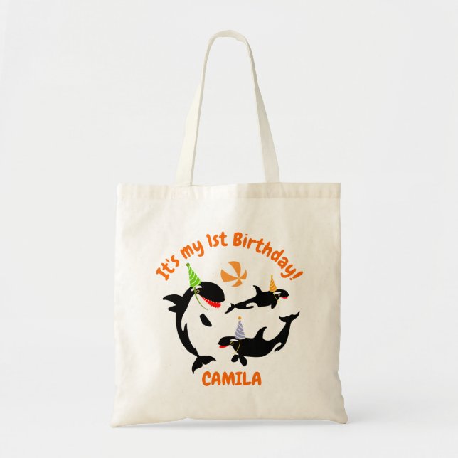 1st birthday under the sea orca whale baby girl tote bag (Front)