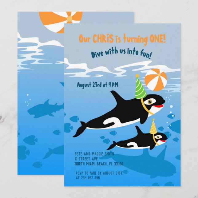 1st birthday under the sea orca whale boy party  invitation (Front/Back)