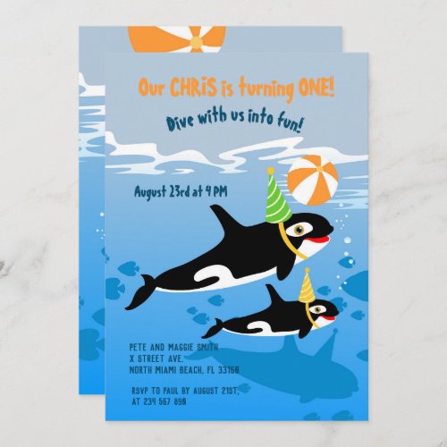 1st birthday under the sea orca whale boy party  invitation