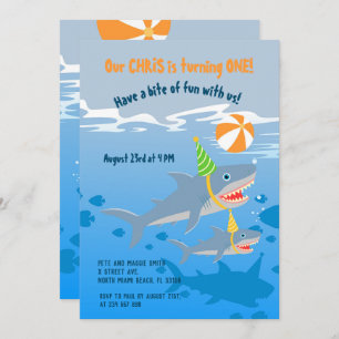 1st birthday under the sea shark whale boy party invitation