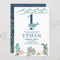 1st Birthday Under the Sea Watercolor Whale Invitation