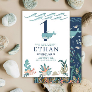 1st Birthday Under the Sea Watercolor Whale Invitation