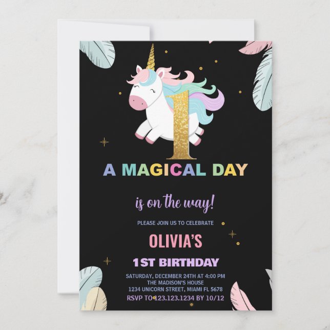 1st Birthday Unicorn Birthday Invitations (Front)