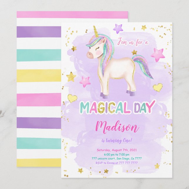 1st Birthday Unicorn Invitation (Front/Back)