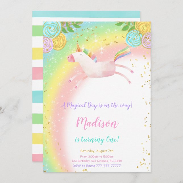 1st Birthday Unicorn Invitation (Front/Back)