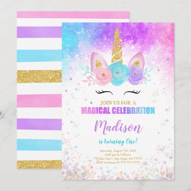 1st Birthday Unicorn Party Invitation (Front/Back)