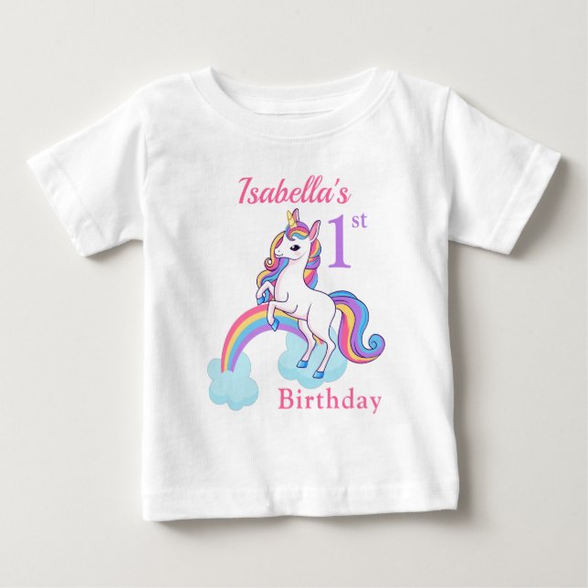 1st Birthday Unicorn Personalized Baby T-Shirt (Front)