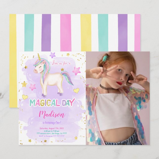 1st Birthday Unicorn Photo Invitation (Front/Back)
